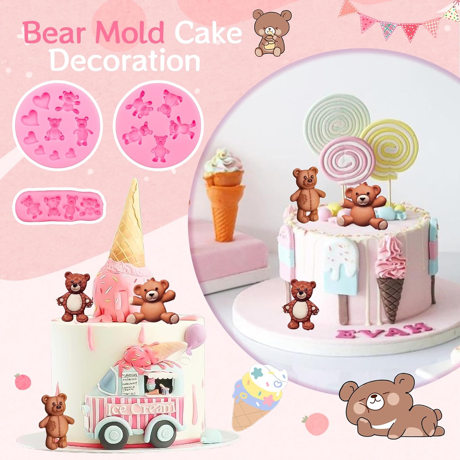 MEMOVAN 3pcs Bear Silicone Fondant Molds for Cake Decorations