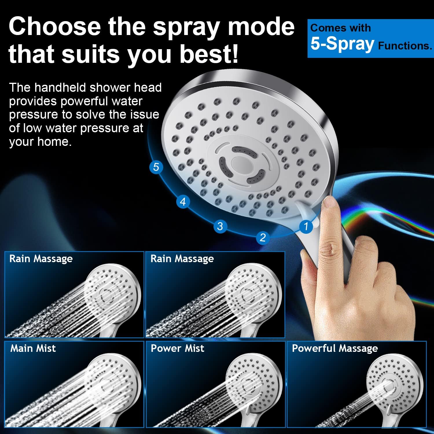 PinWin Shower Head Combo with 5 Settings and 11 Inch Arm 1