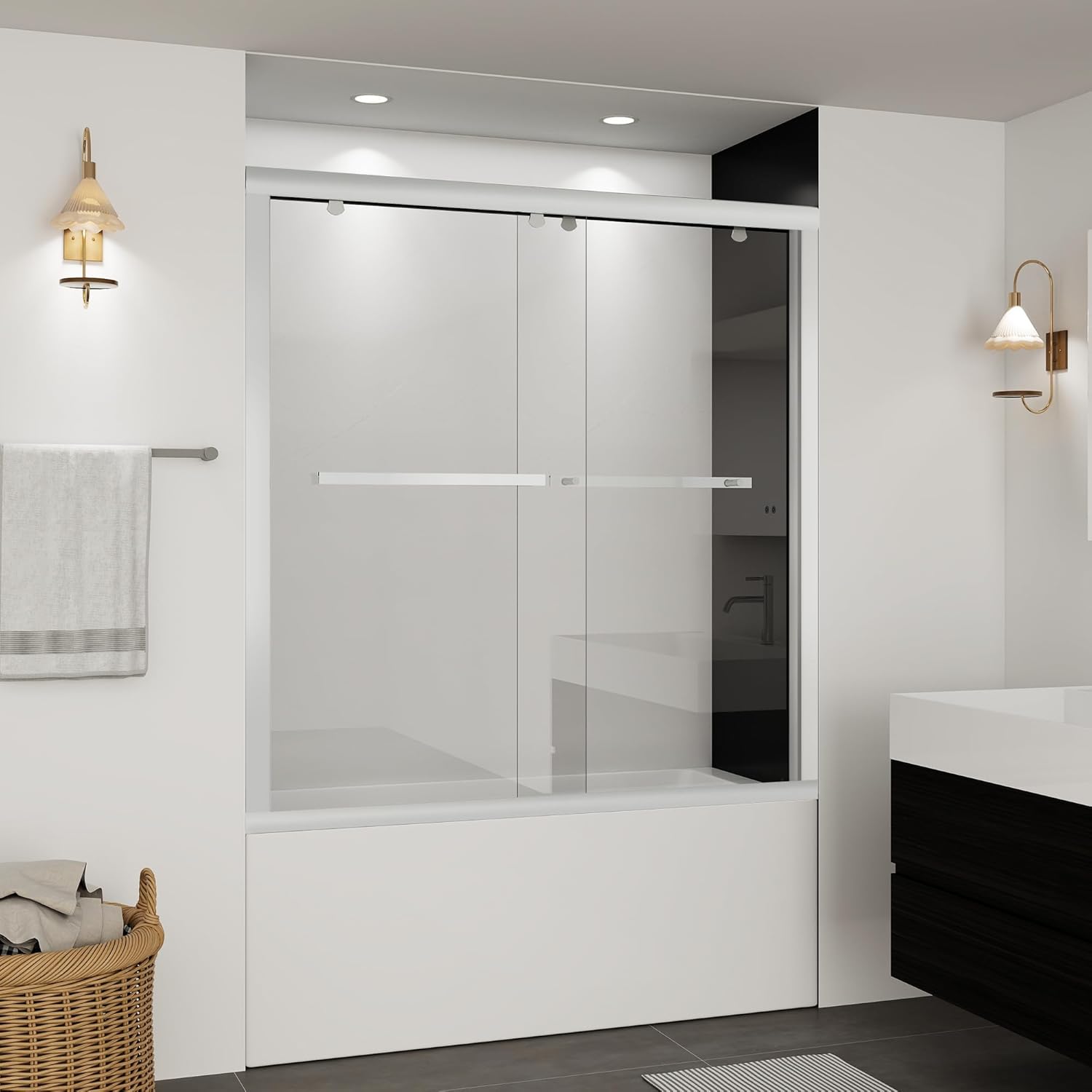 BoBliss Double Sliding Shower Door 59x59 with Chrome Handle and Towel Bar