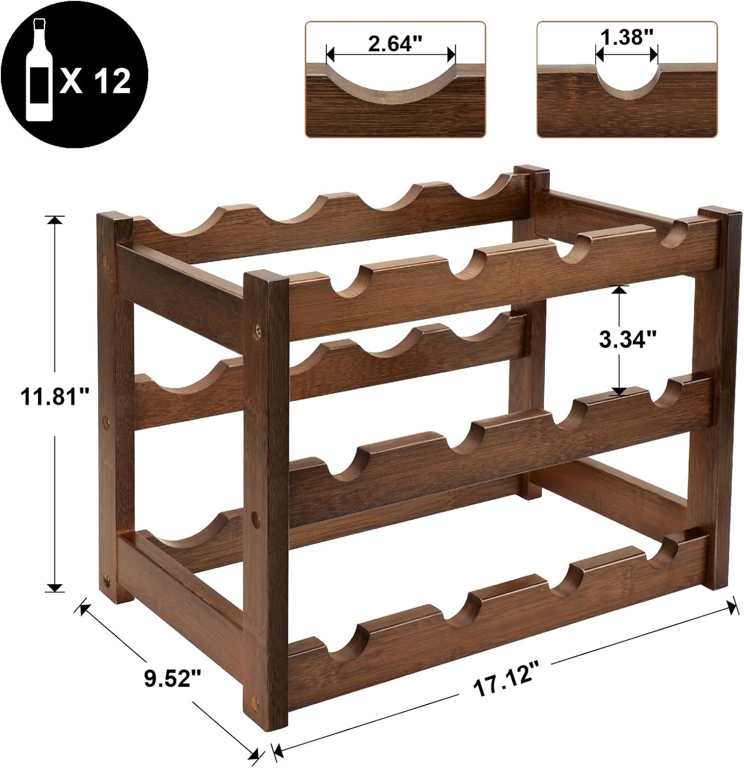 Thalomely 3-Tier Bamboo Wine Rack with 12 Bottles Storage