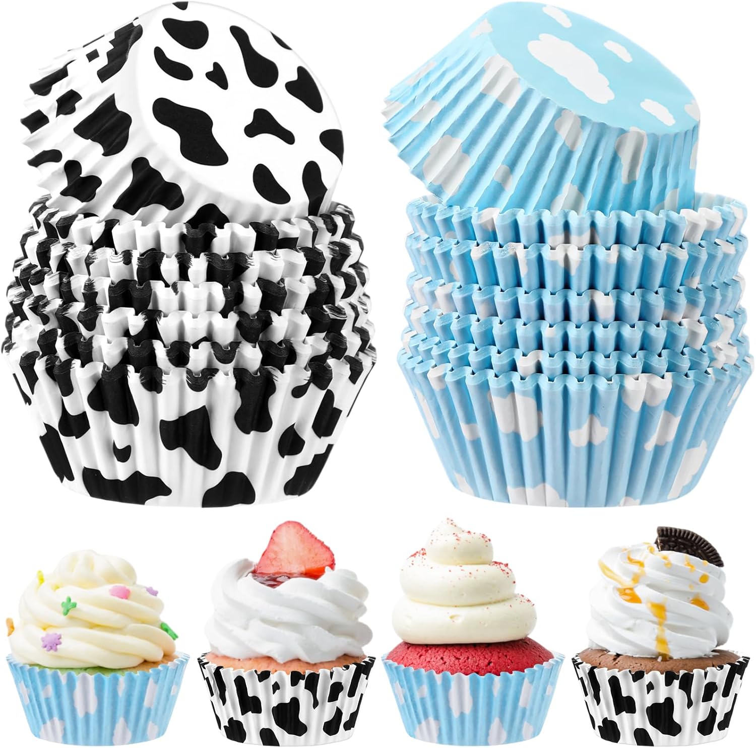 Cunhill 300 Pcs Baking Cups with Cloud Blue and Cow Print Liners