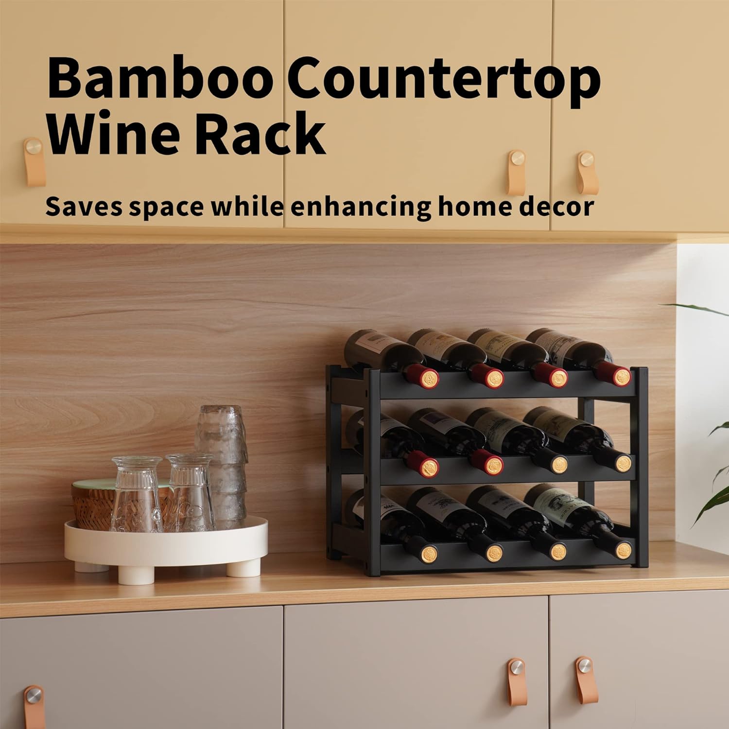 VASMIA Bamboo Wine Rack 3-Tier 12 Bottles Black 1
