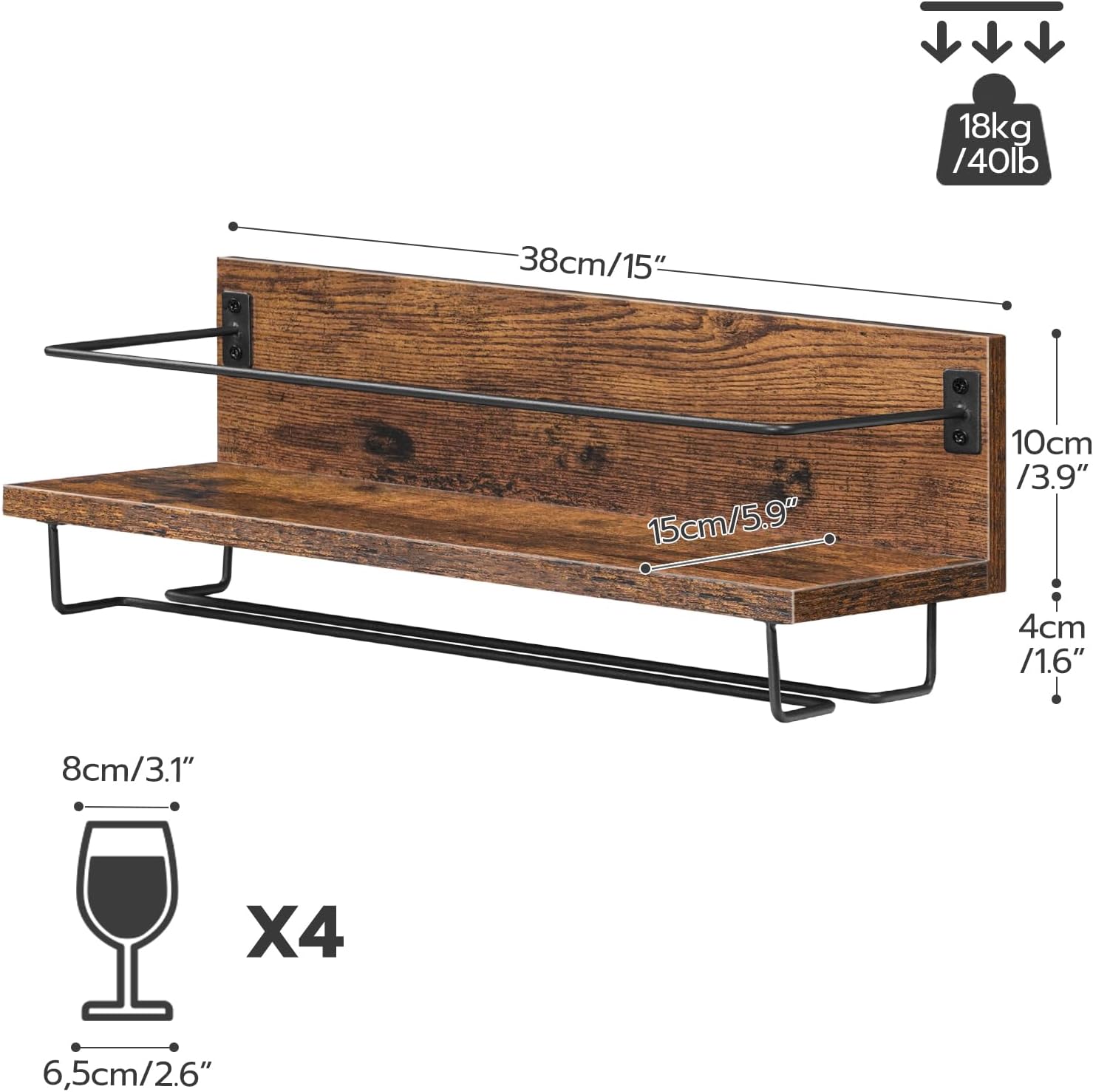 HOOBRO Wall Mounted Wine Rack 2 Pack Rustic Brown and Black