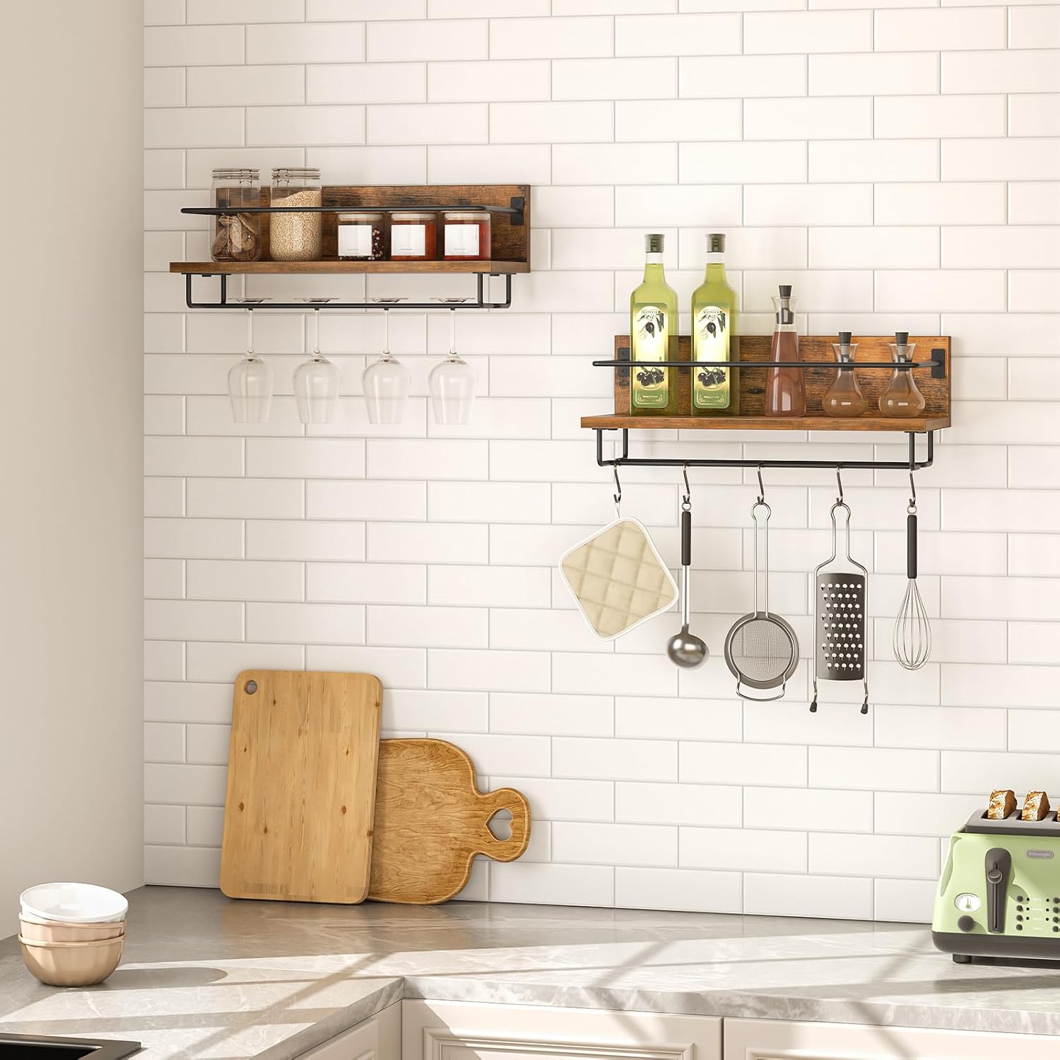 HOOBRO Wall Mounted Wine Rack 2 Pack Rustic Brown and Black