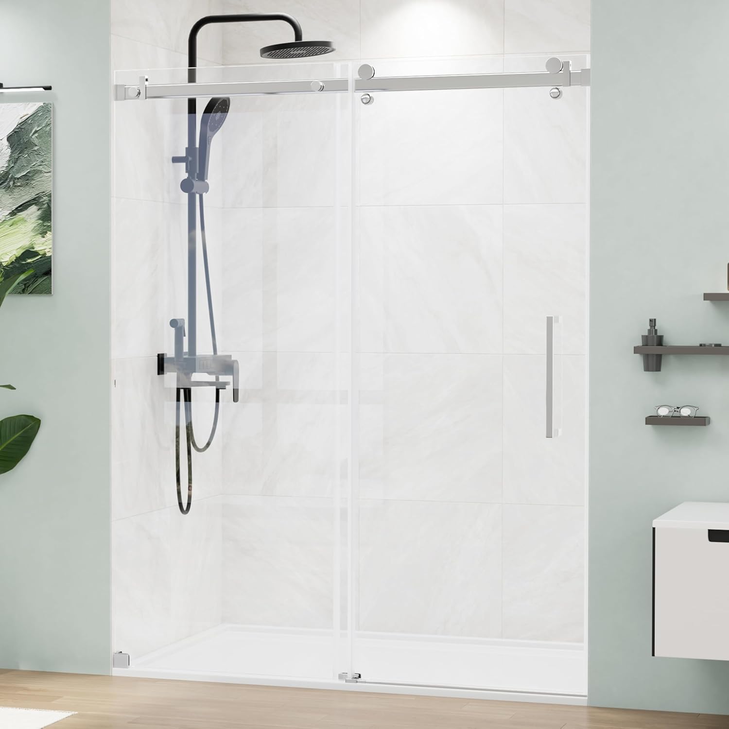 Frameless Glass Shower Door 56-60 x 75 Silver Stainless Steel