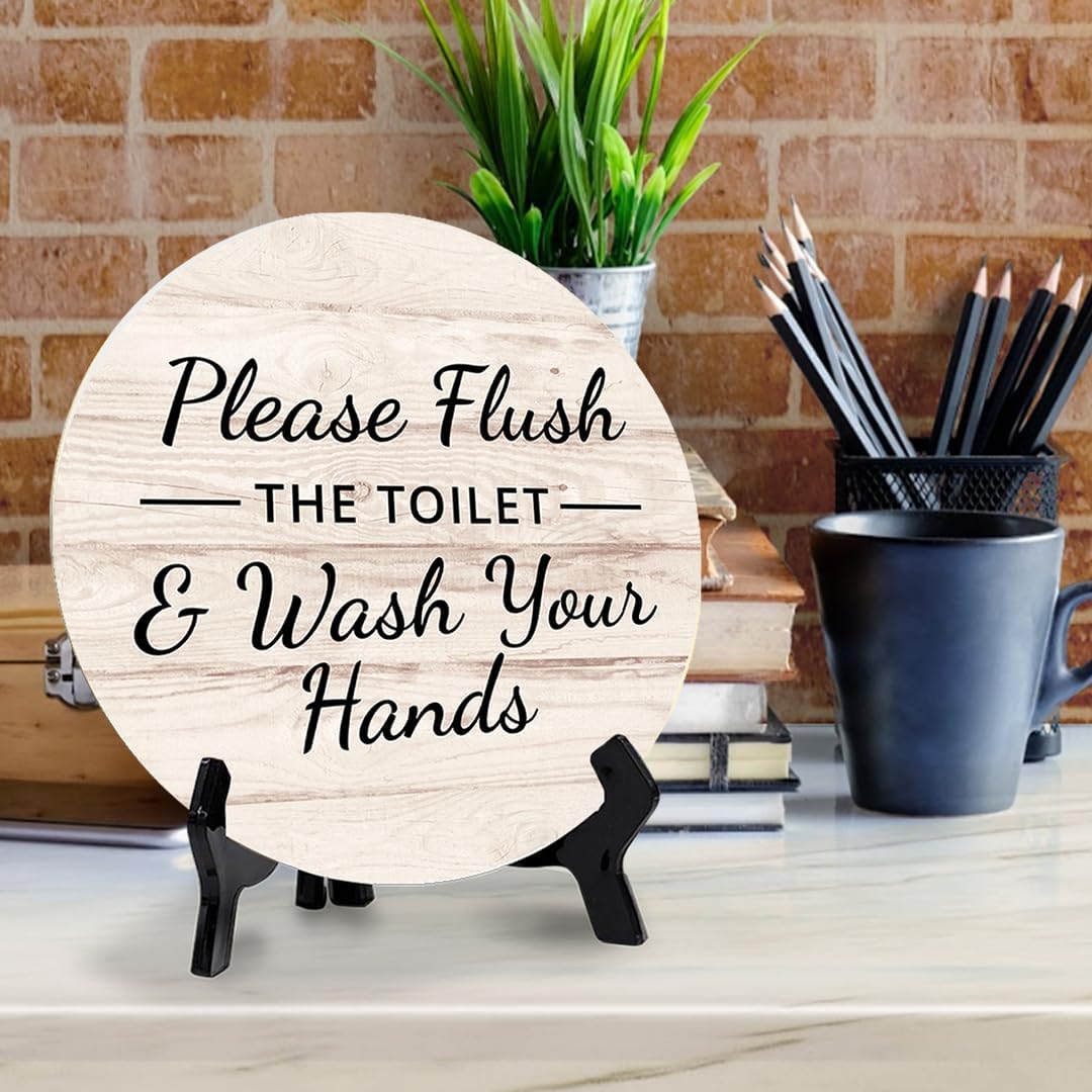Round Please Flush Toilet Wash Hands Bathroom Sign