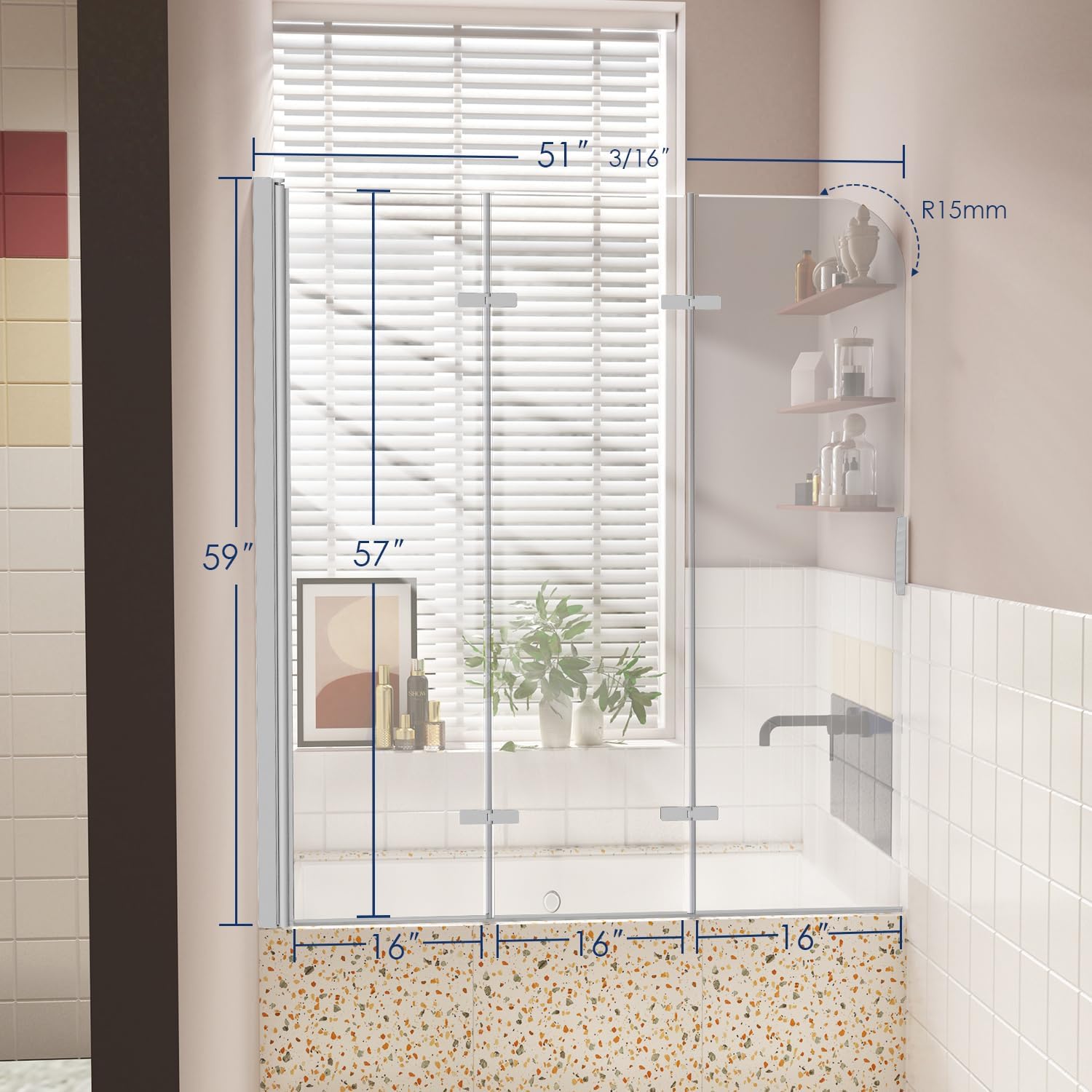 Hpeytaire Bathtub Shower Door with Frameless Hinged Design and Polished Chrome Finish