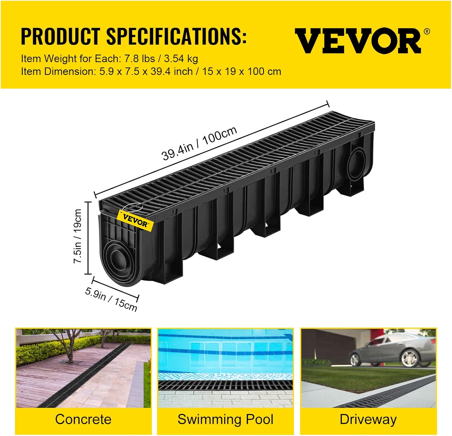 VEVOR Trench Drain System 4 Pack Black HDPE Drainage Trench