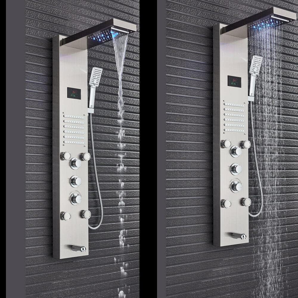 Gougeltd LED Light Shower Panel Tower Rainfall Head with Massager Jets
