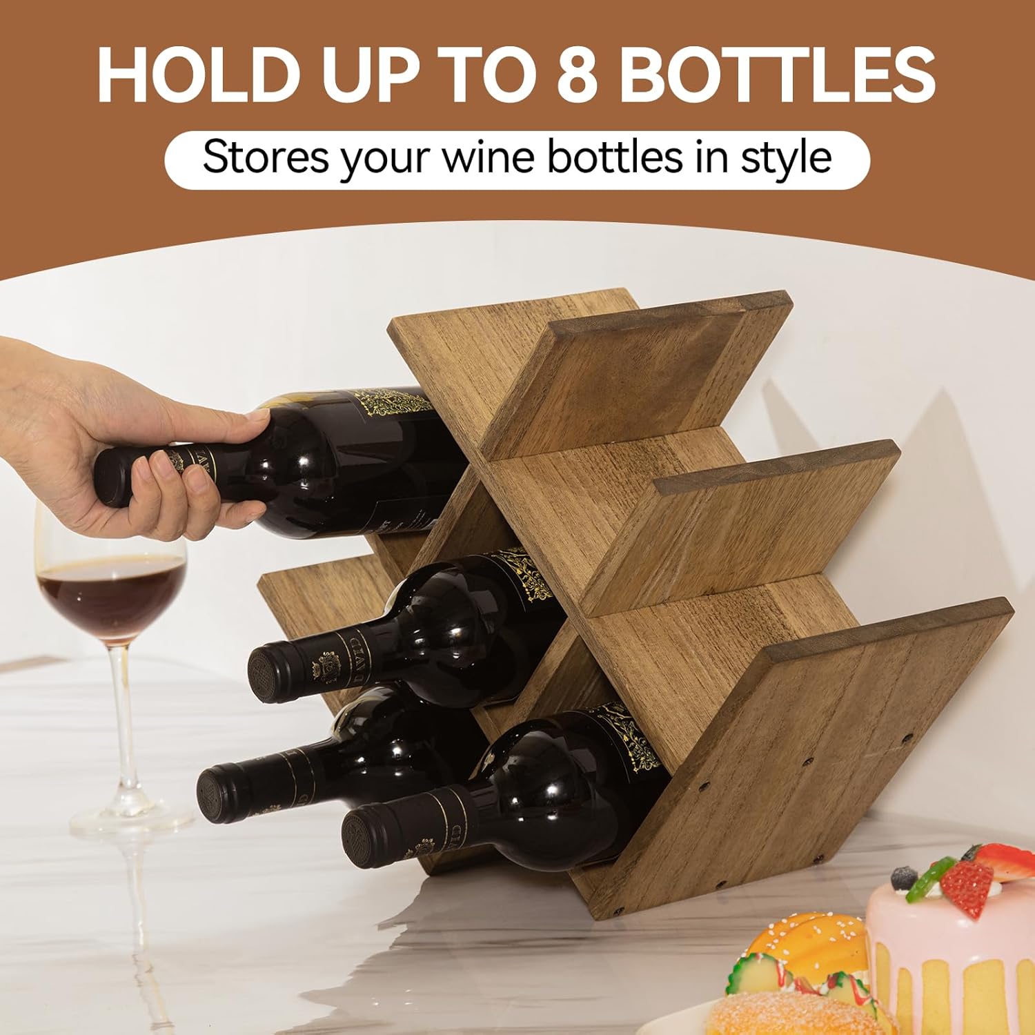 KIRIGEN 8-Bottle Wood Wine Rack - 3-Tier Free Standing Holder