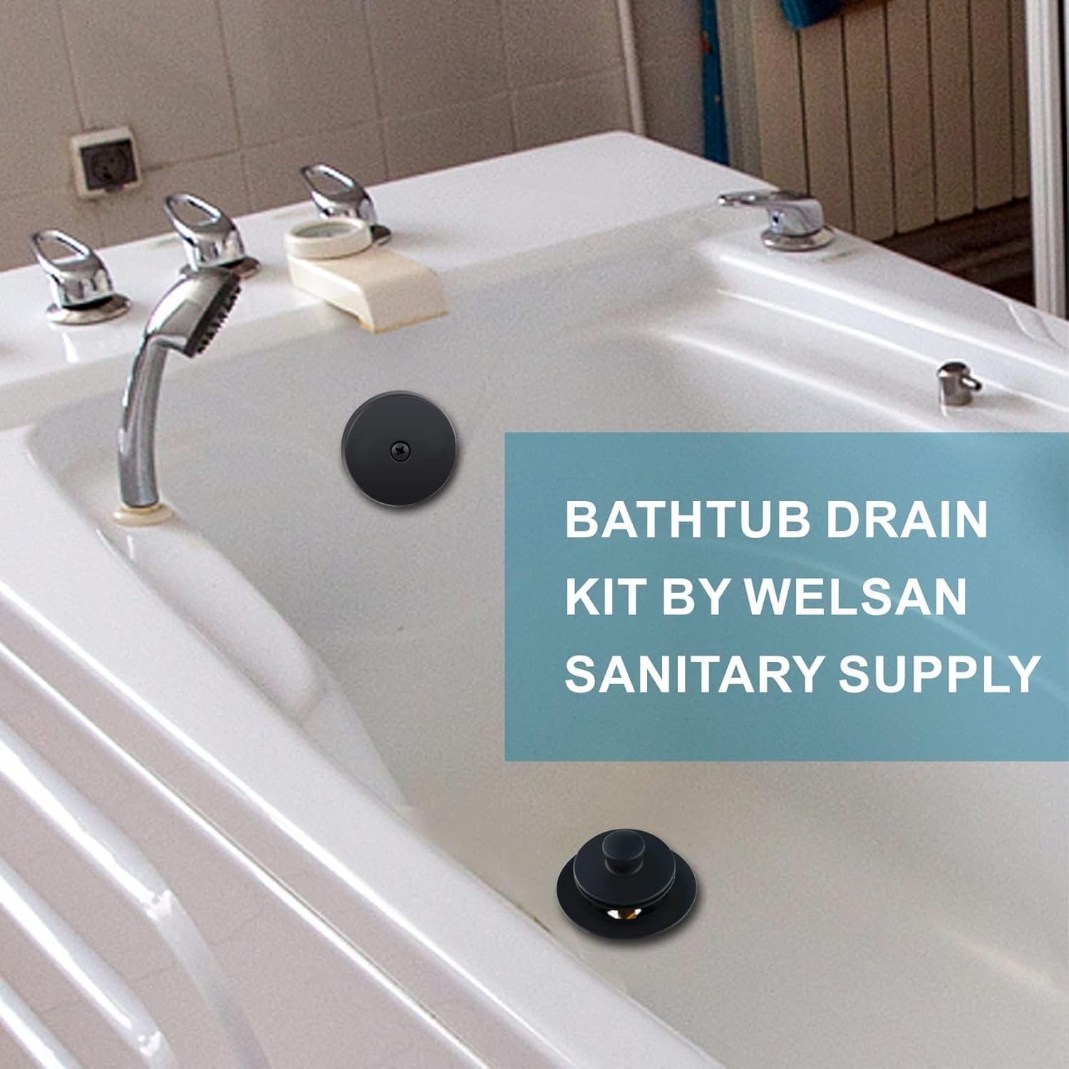 Welsan Matte Black Tub Drain Kit with Overflow Faceplate 1