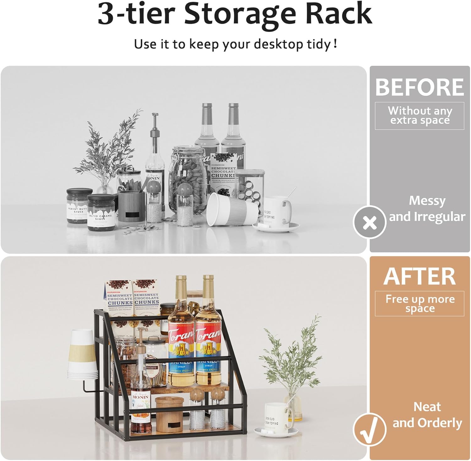 Vantimo Coffee Syrup Rack Organizer 3 Tier Rustic Brown 1