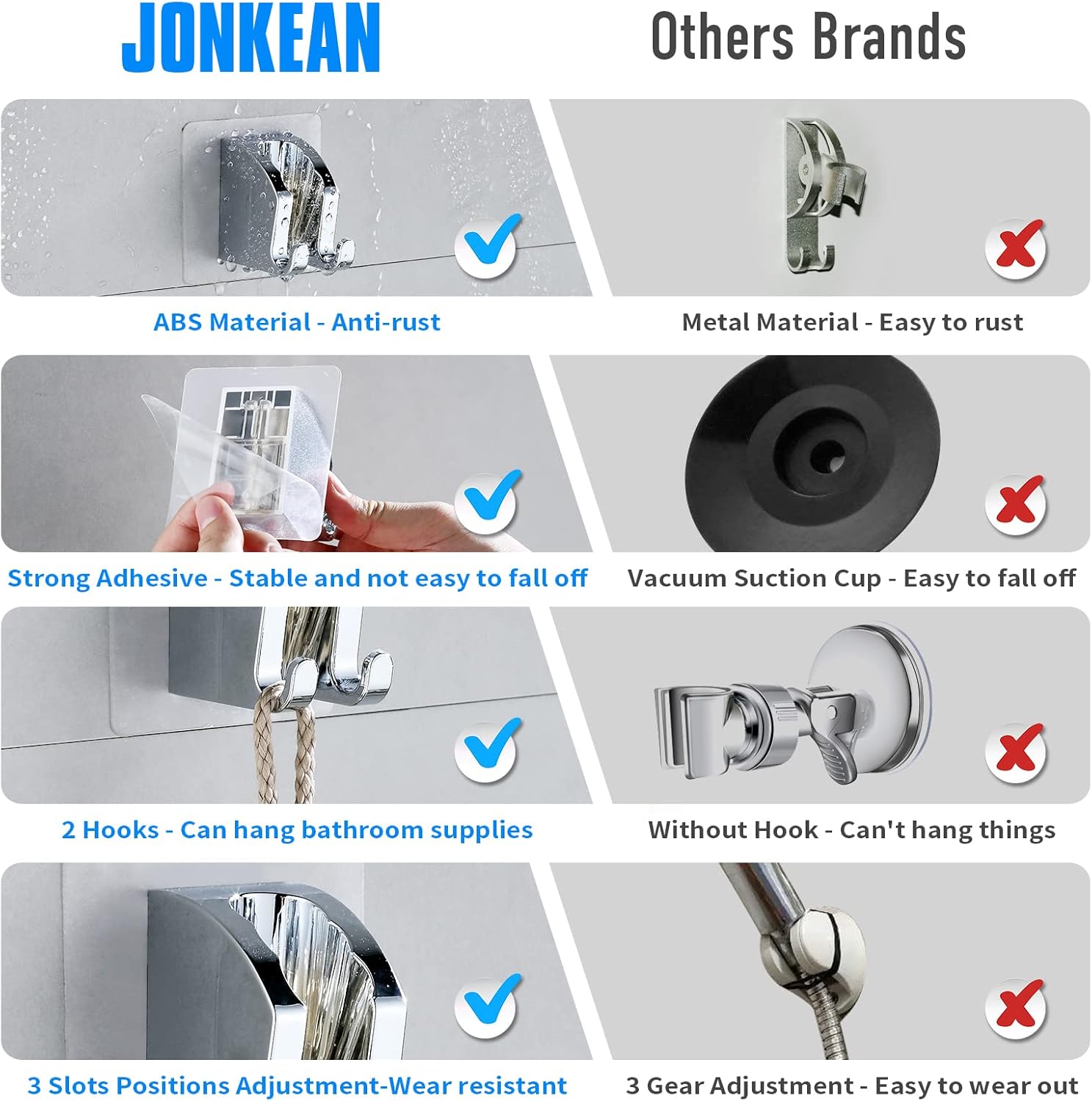 JONKEAN Chrome Shower Head Holder with 2 Hooks No Drill Adjustable 1