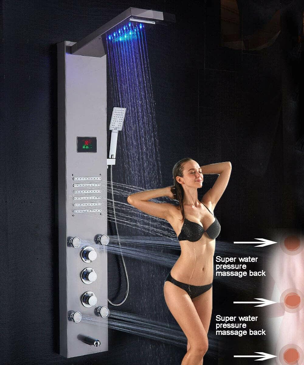 Gougeltd LED Light Shower Panel Tower Rainfall Head with Massager Jets