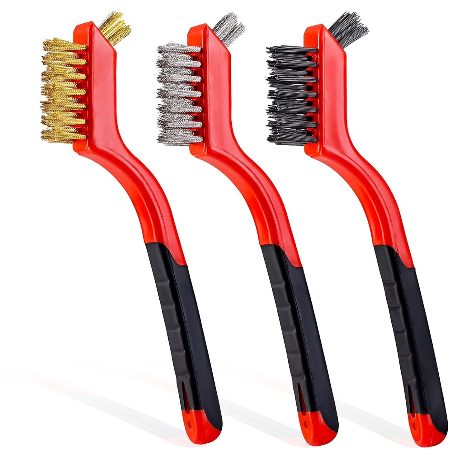 Wire Brush Set 3Pcs - Brass Nylons Stainless Steel Bristles with Curved Handle