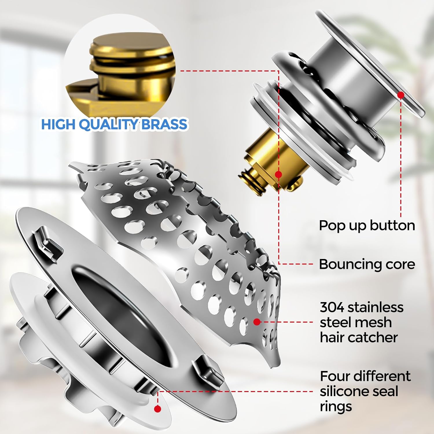 Zaa Bathtub Drain Stopper with Hair Catcher Silver