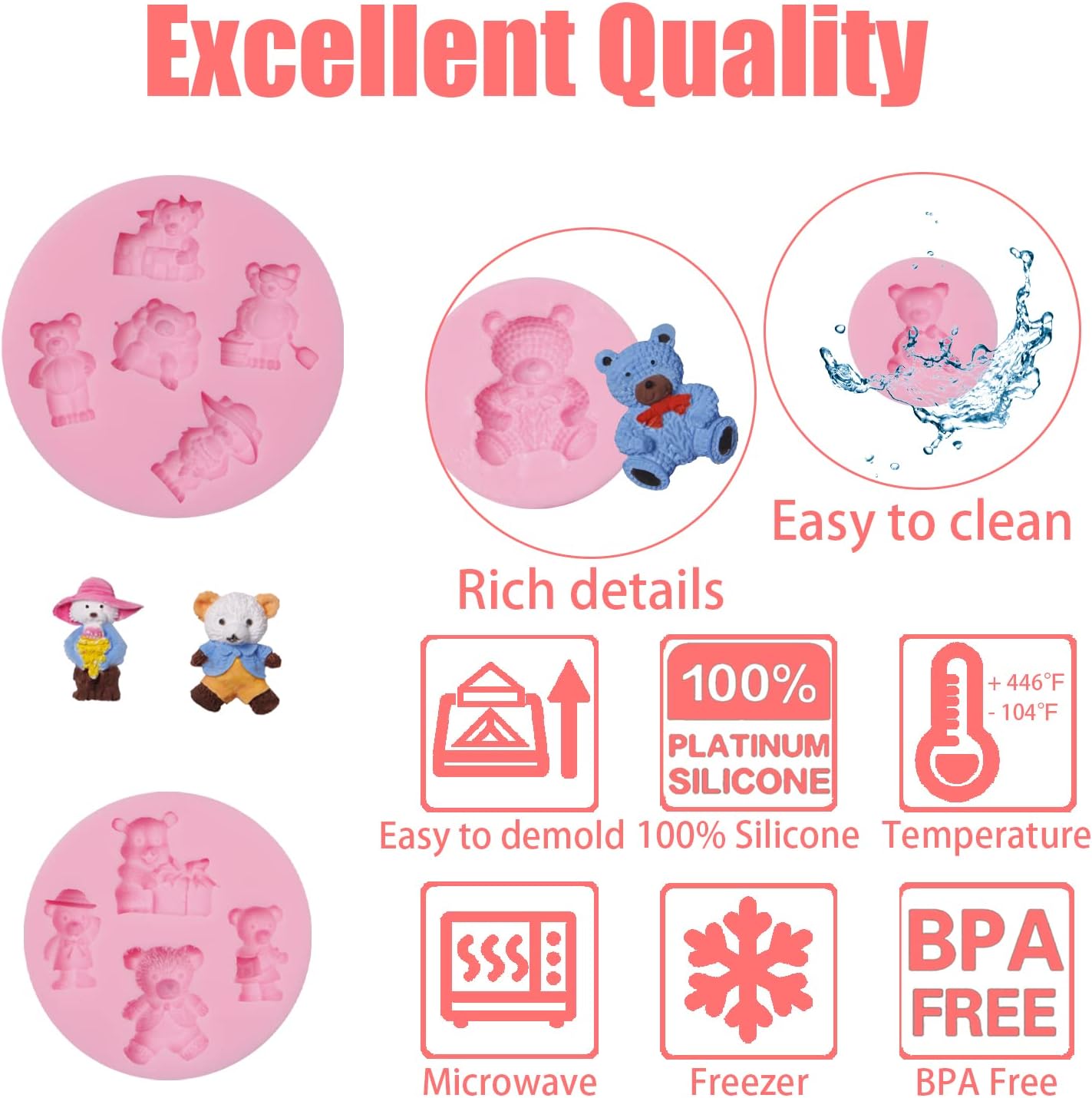 Teddy Bear Silicone Molds 4Pcs for Cake Candy Decoration