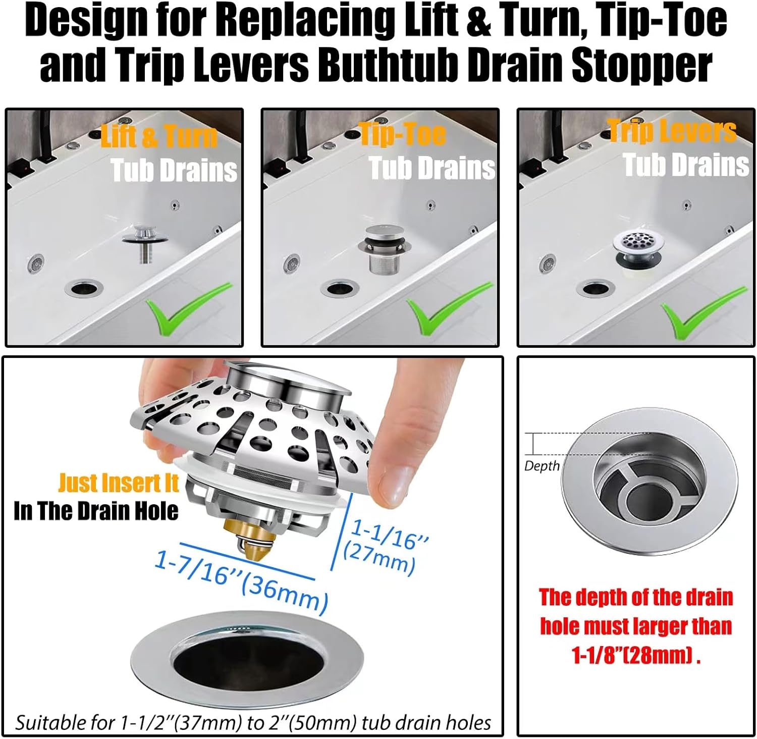 Anlige Bathtub Drain Stopper with Hair Catcher 1