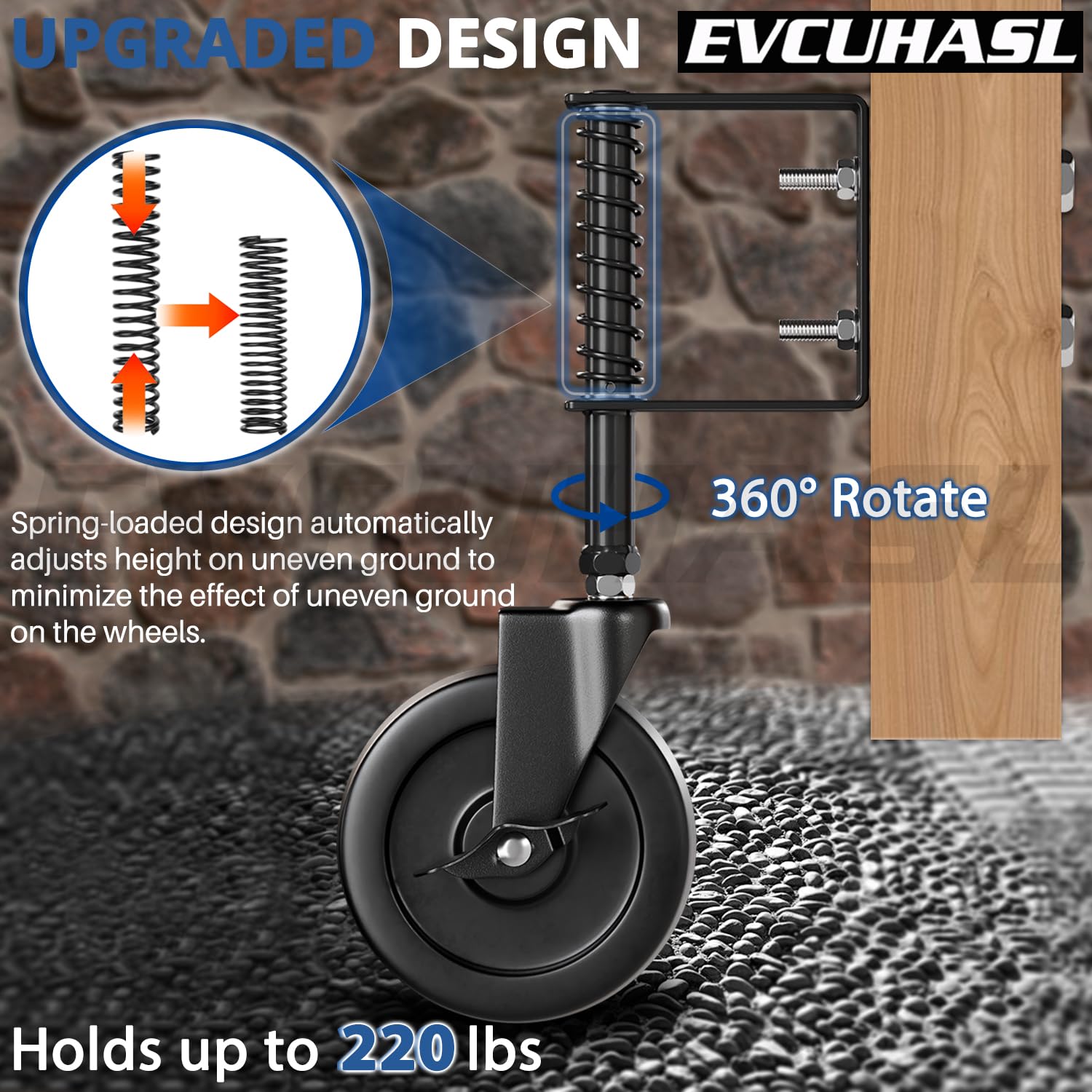5 Inch Spring Loaded Gate Caster with Side Brake 220 Lbs Capacity Black