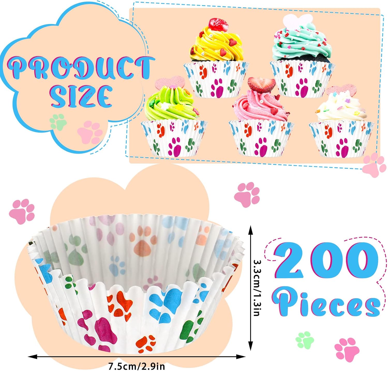 200 Pcs Paw Bone Cupcake Liners Multi Color
