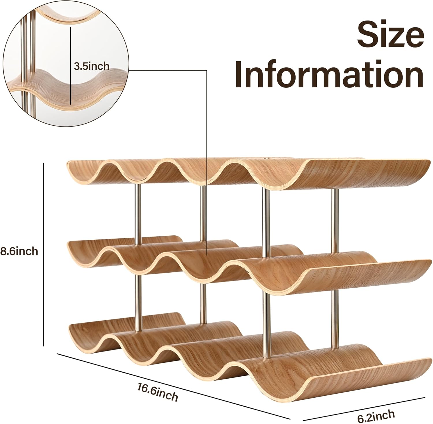 TRUDING 12 Bottle Freestanding Wine Rack - 3 Tier Wavy Wooden Storage Stand
