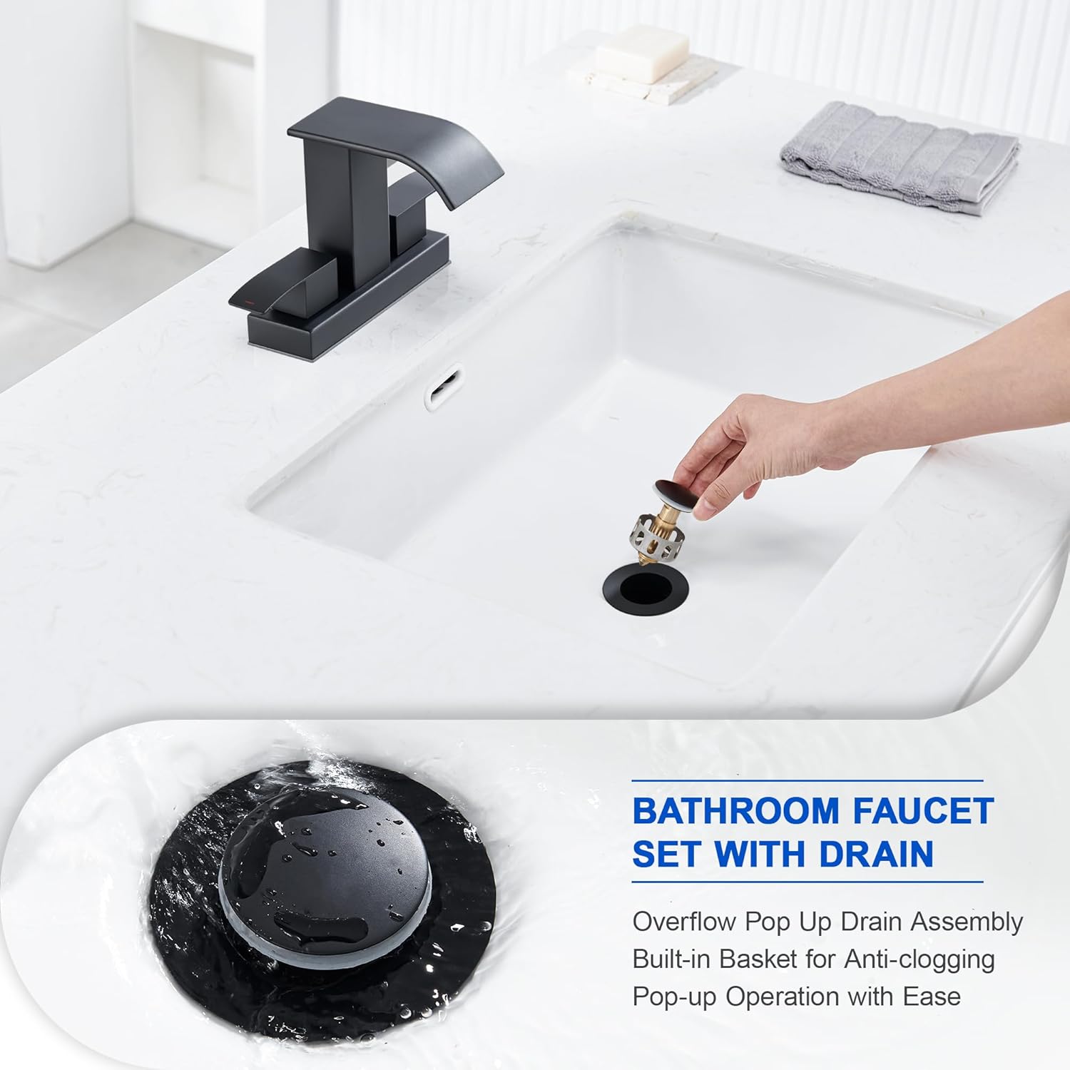 Black Waterfall Bathroom Faucet with Pop Up Drain and Overflow