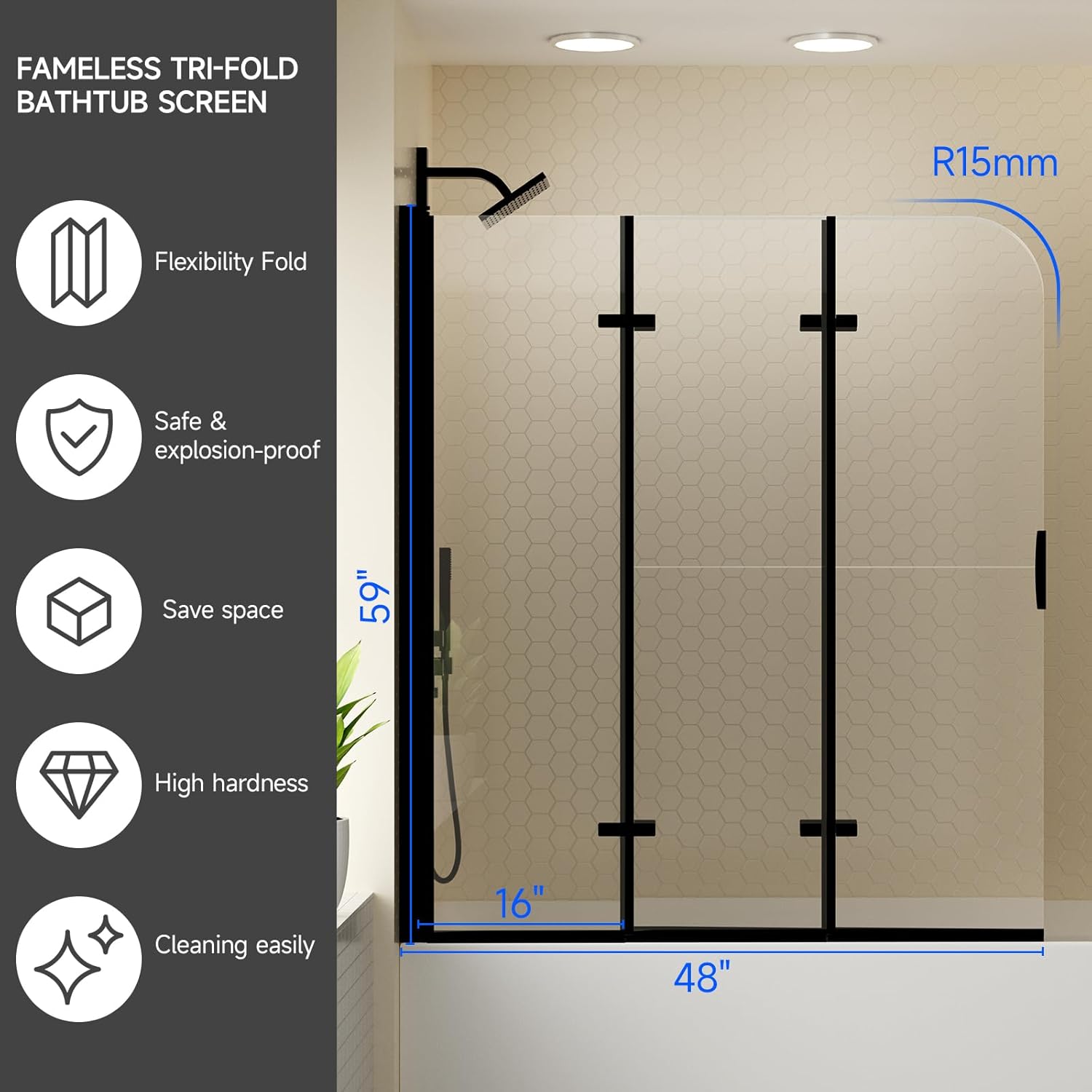 Klajowp Bathtub Shower Door 51x59 Clear Tempered Glass