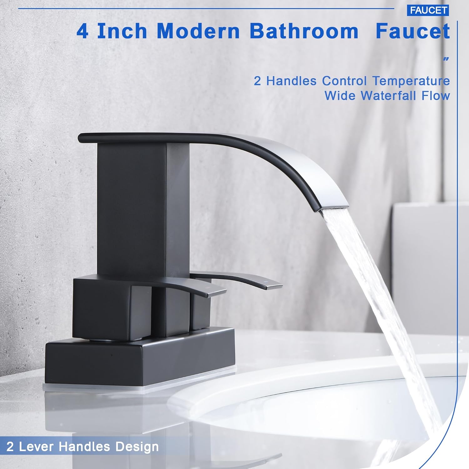 Black Waterfall Bathroom Faucet with Pop Up Drain and Overflow