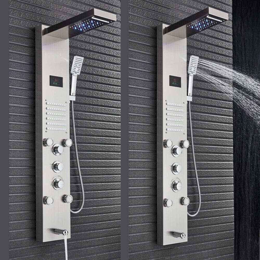 Gougeltd LED Light Shower Panel Tower Rainfall Head with Massager Jets