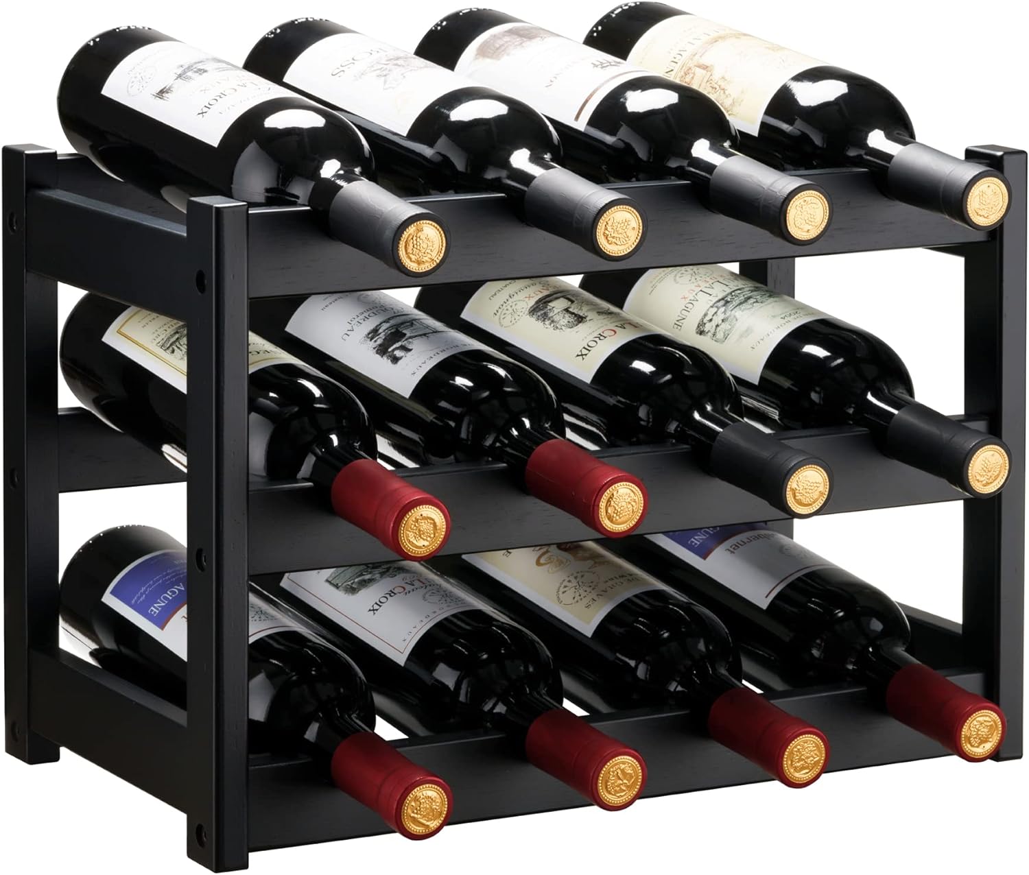 VASMIA Bamboo Wine Rack 3-Tier 12 Bottles Black 1