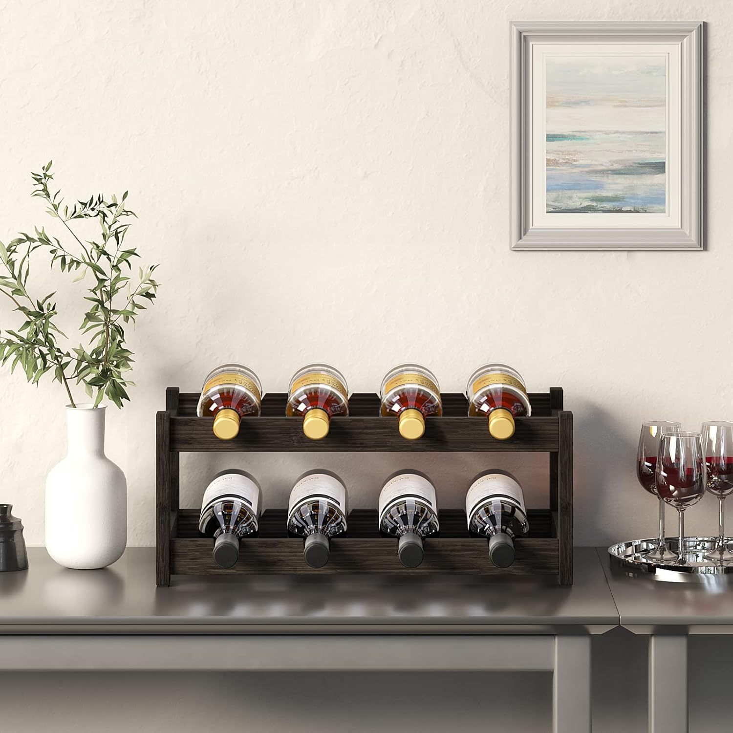 Bameos 2 Tier Bamboo Wine Rack 8 Bottle Mocha