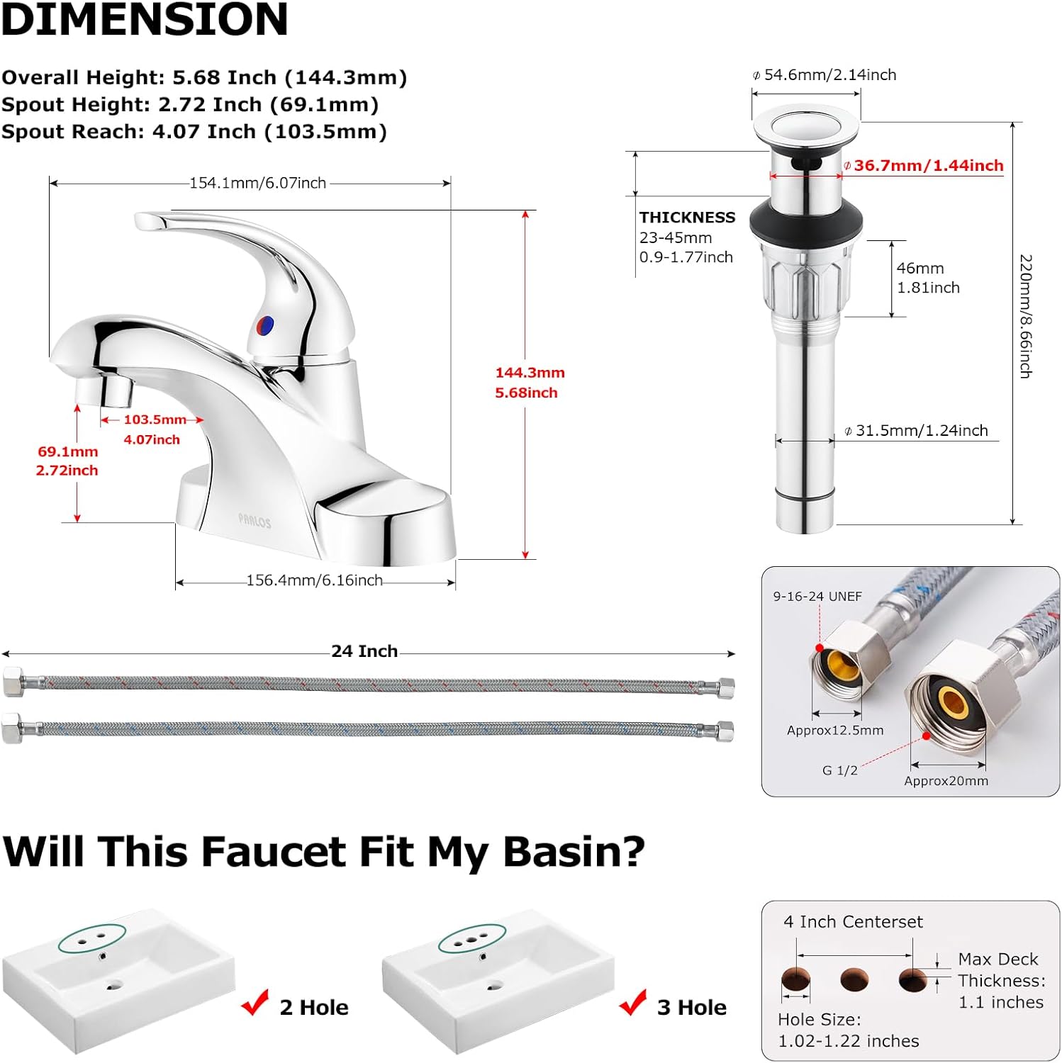 PARLOS Single Handle Chrome Bathroom Faucet with Drain Assembly