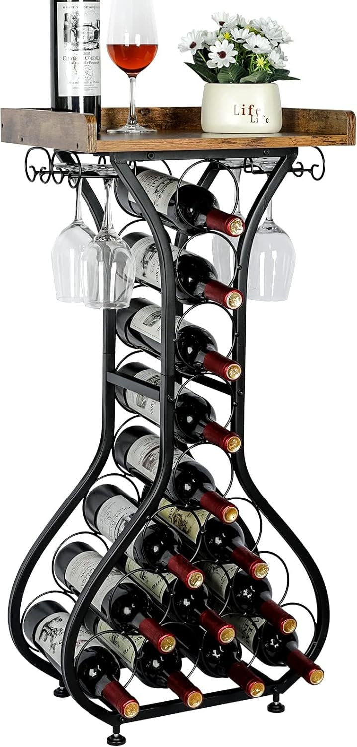 X-cosrack Freestanding Wine Rack with 14 Bottle Capacity and Glass Holder