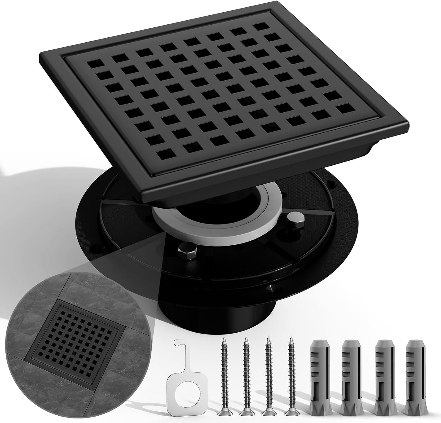 6 Inch Square Shower Drain with Flange Matte Black