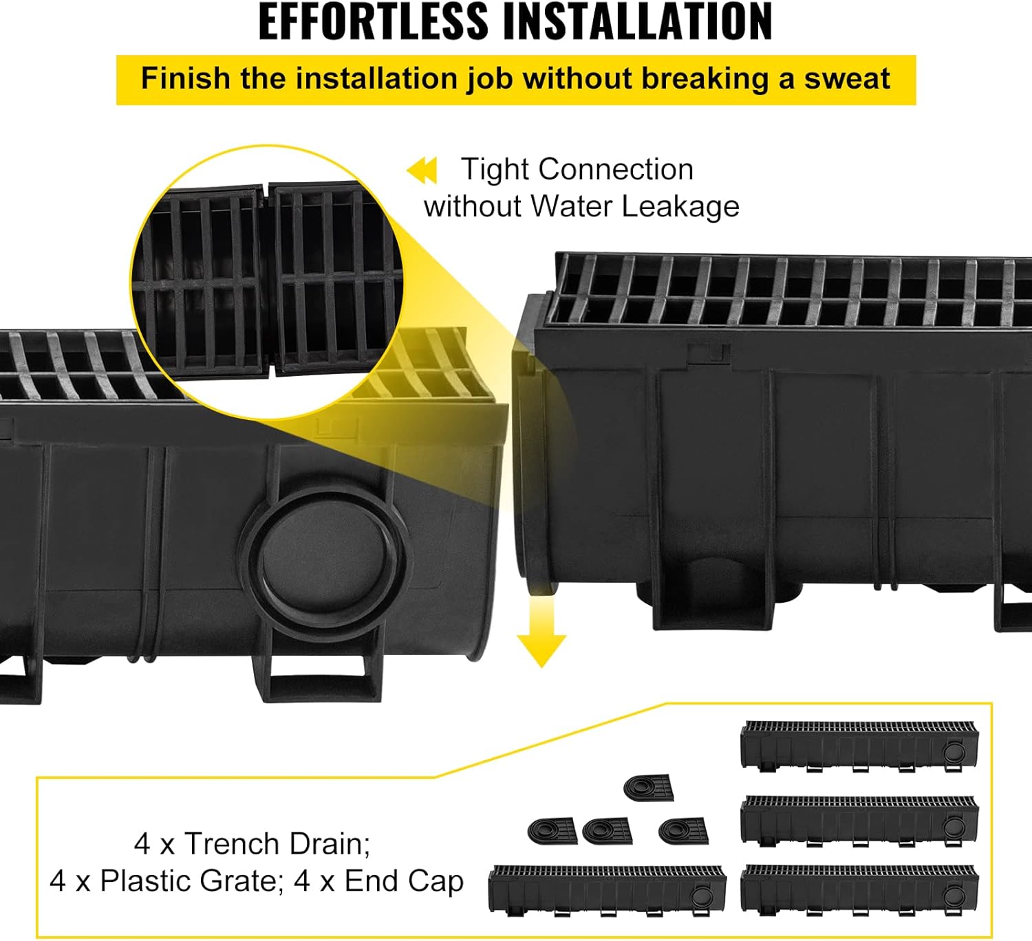 VEVOR Trench Drain System 4 Pack Black HDPE Drainage Trench