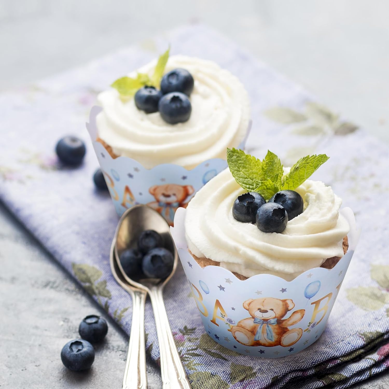Whaline 36Pcs Blue Bear Cupcake Wrappers