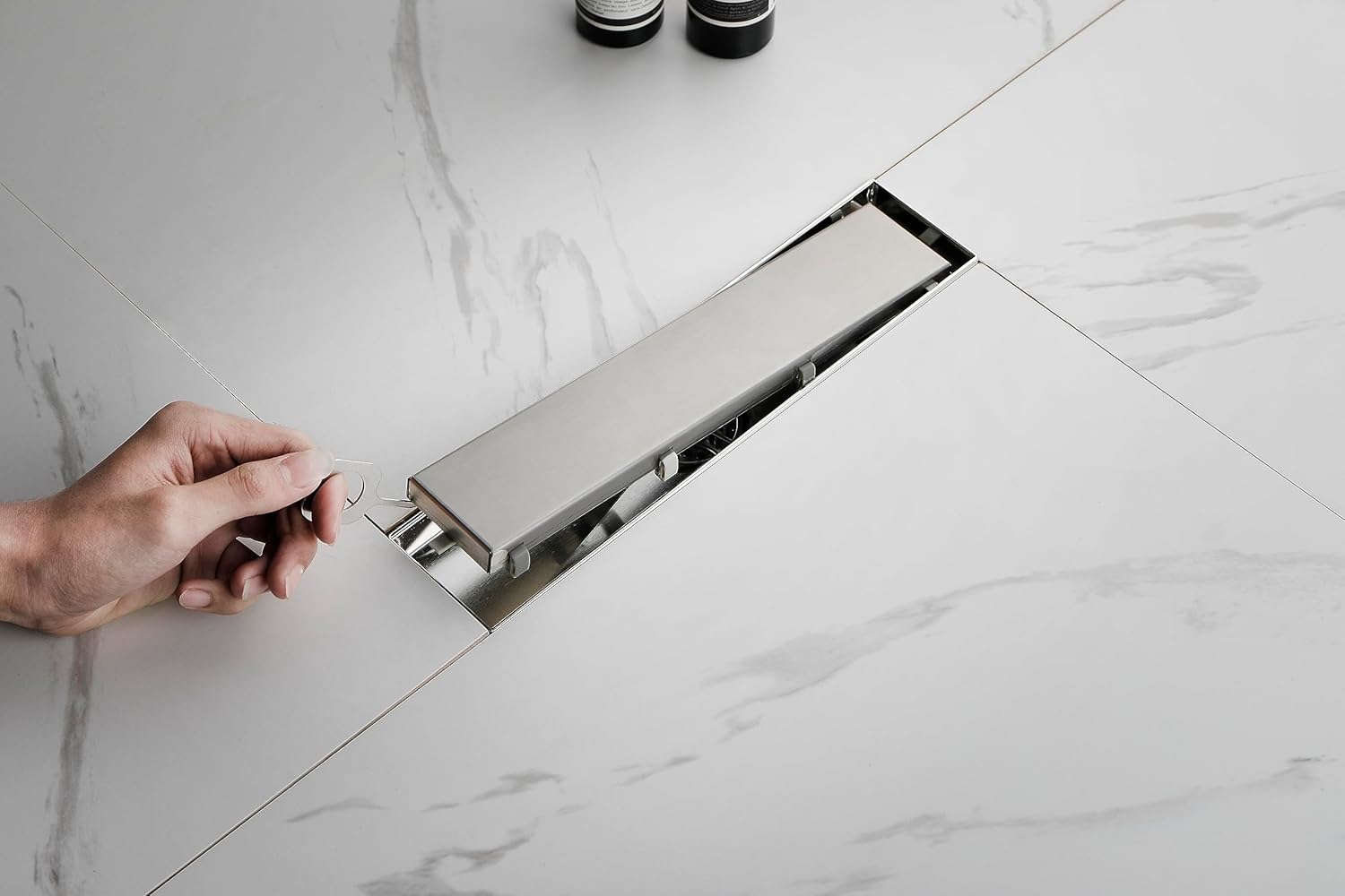 YLIEHS 12 Inch Linear Shower Drain with Hair Strainer and Brushed Nickel Finish