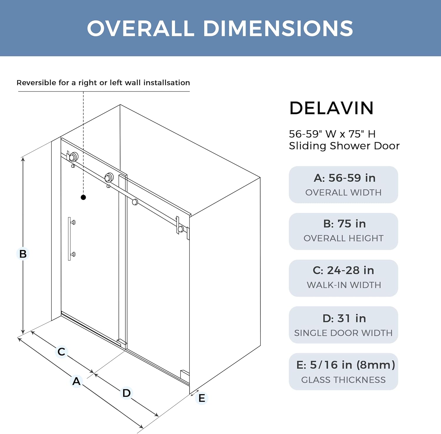 DELAVIN Frameless Shower Door 56-59 x 75