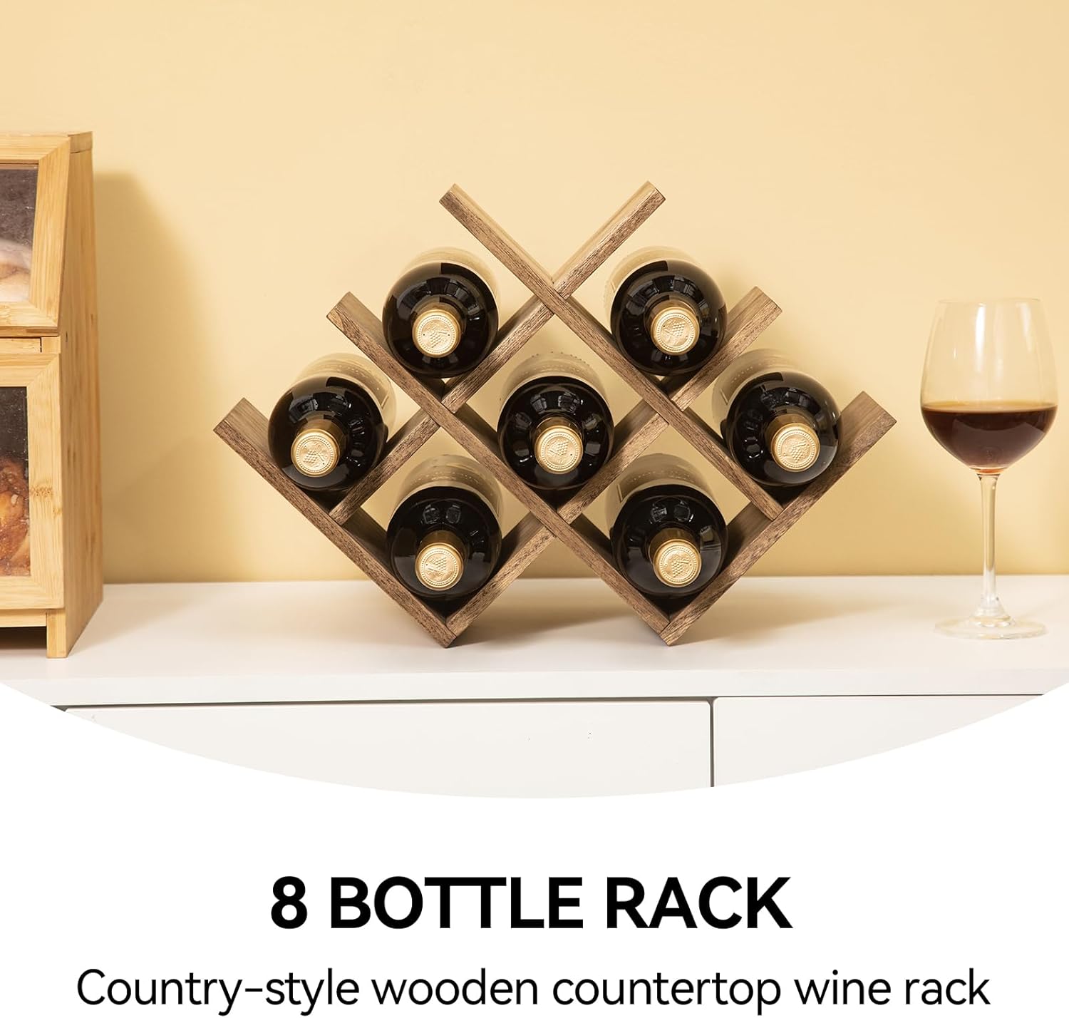 KIRIGEN 8-Bottle Wood Wine Rack - 3-Tier Free Standing Holder