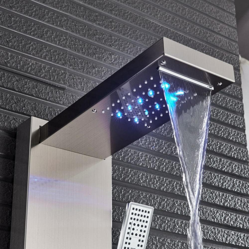 Gougeltd LED Light Shower Panel Tower Rainfall Head with Massager Jets