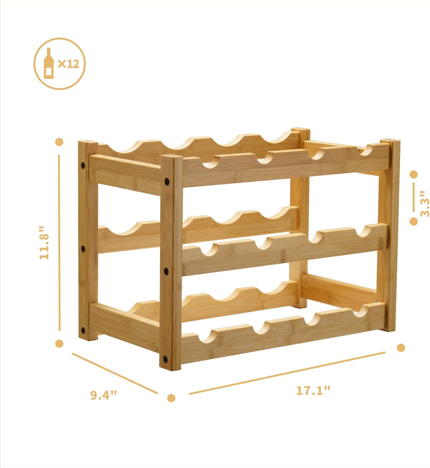 VASMIA Bamboo Wine Rack 3-Tier 12 Bottles Storage