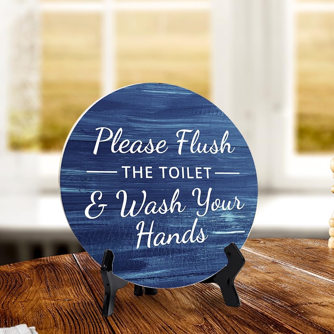 Round Please Flush Toilet Wash Hands Bathroom Sign