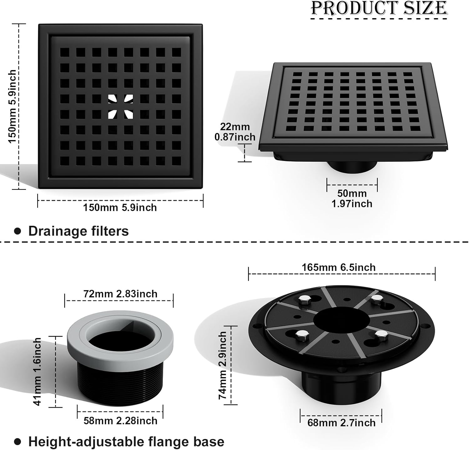6 Inch Square Shower Drain with Flange Matte Black