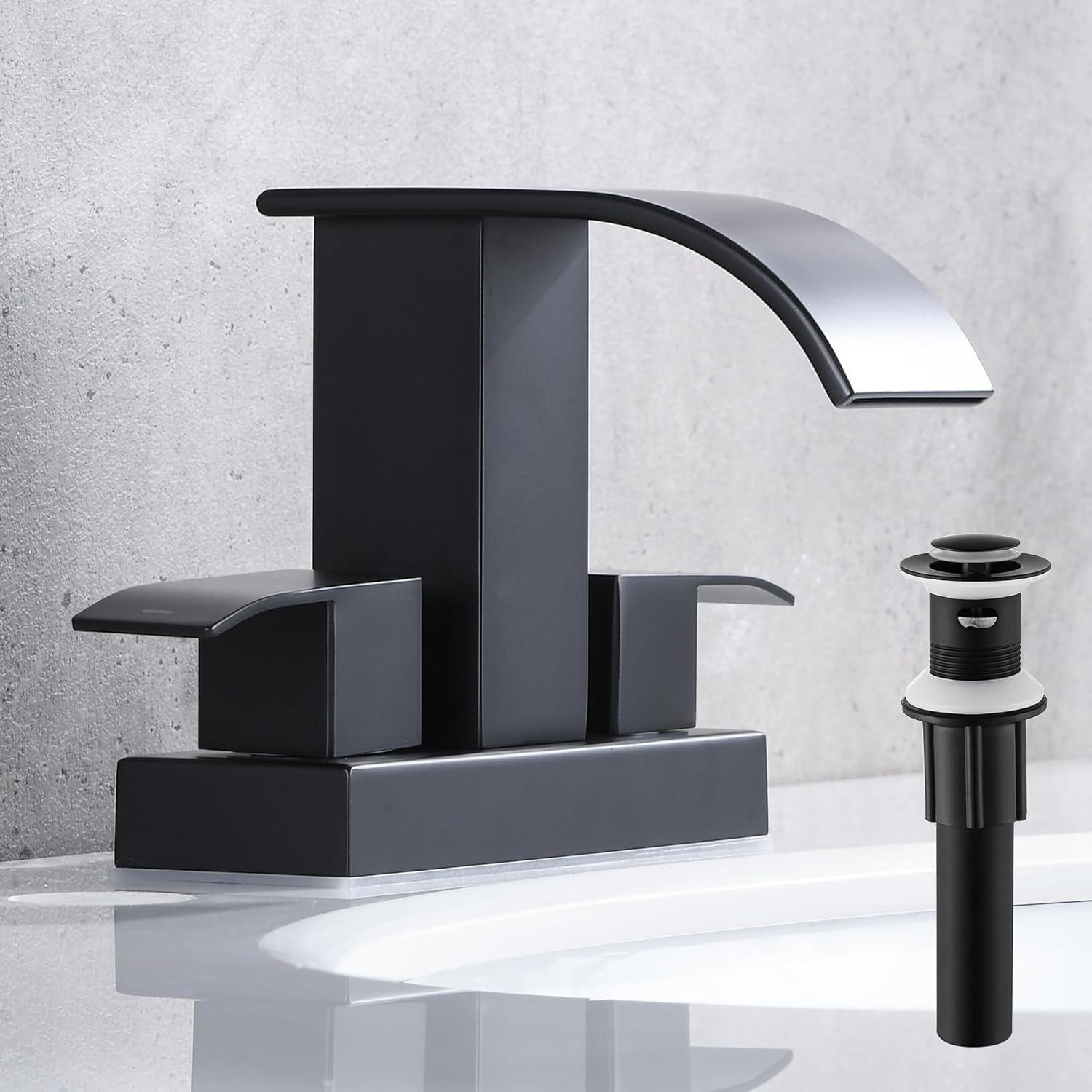 Black Waterfall Bathroom Faucet with Pop Up Drain and Overflow