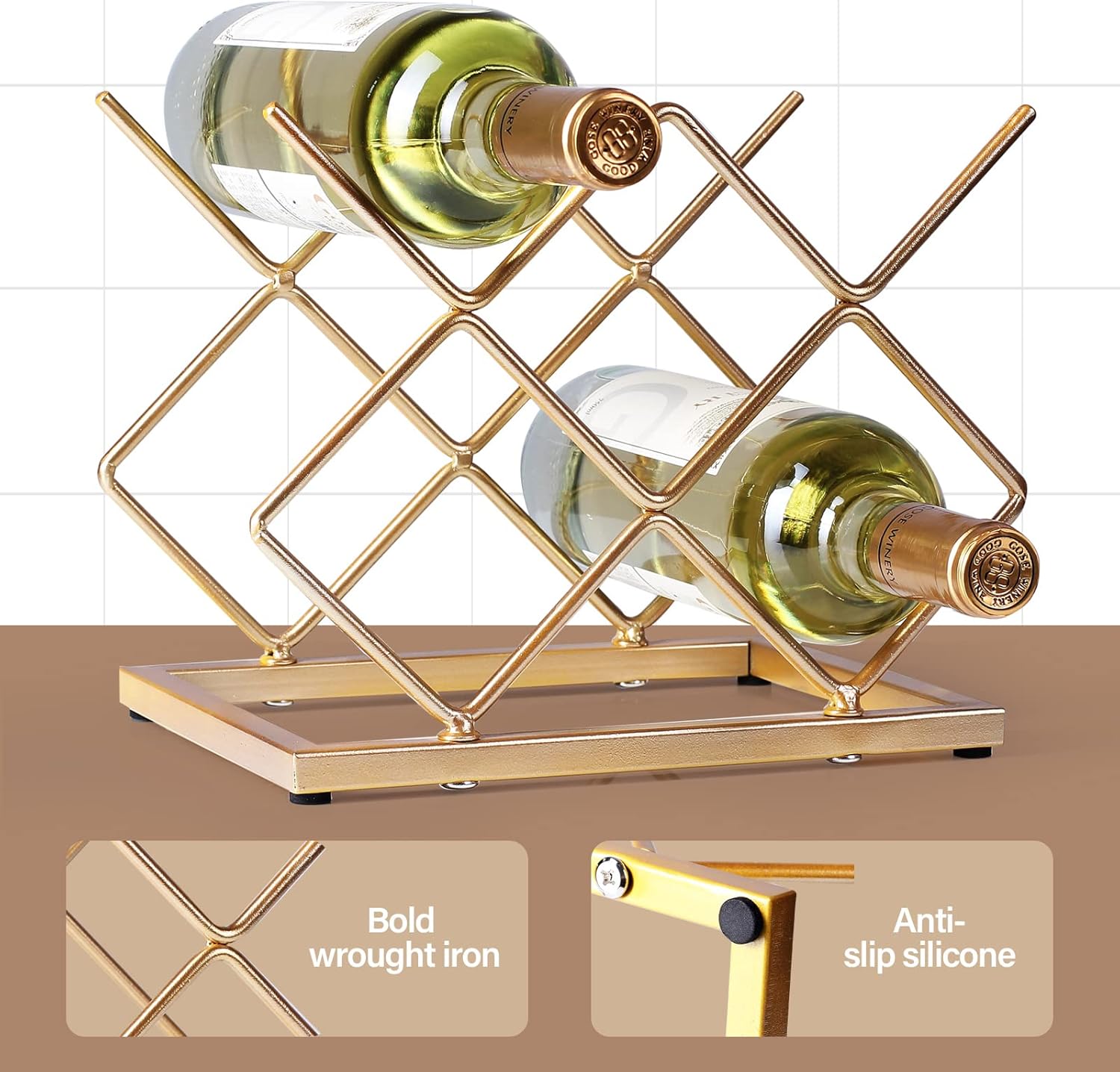 Drincarier 5 Bottle Countertop Wine Rack - Modern Gold Metal Storage Stand