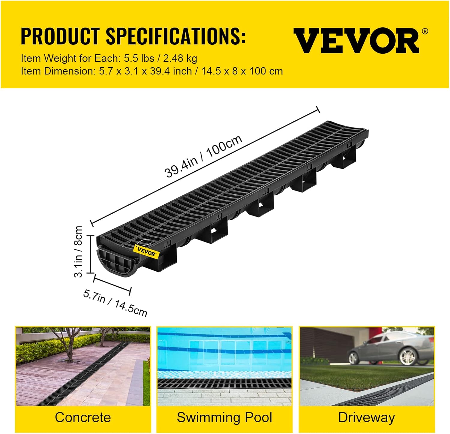 VEVOR Trench Drain System 4 Pack with HDPE Drain Trench and Plastic Grate