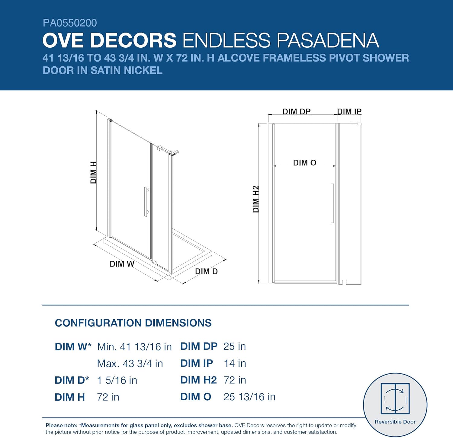 OVE Decors Frameless Pivot Shower Door Satin Nickel