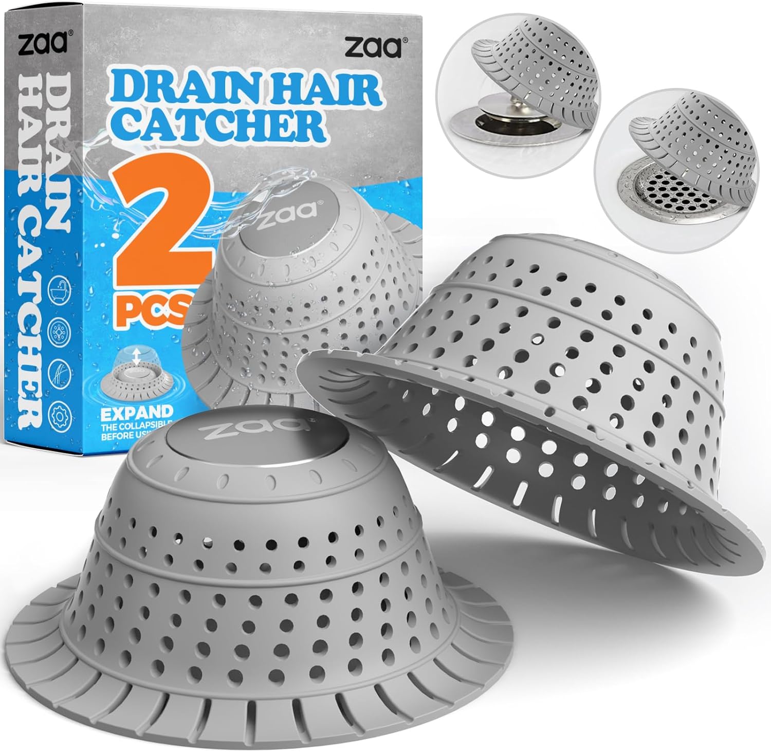 Zaa 2 Pack Silicone Collapsible Drain Hair Catcher 1