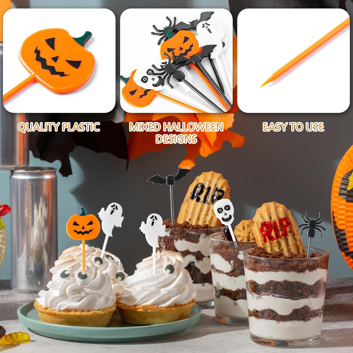 FUSHENMU 100pcs Halloween Cupcake Picks Decorations