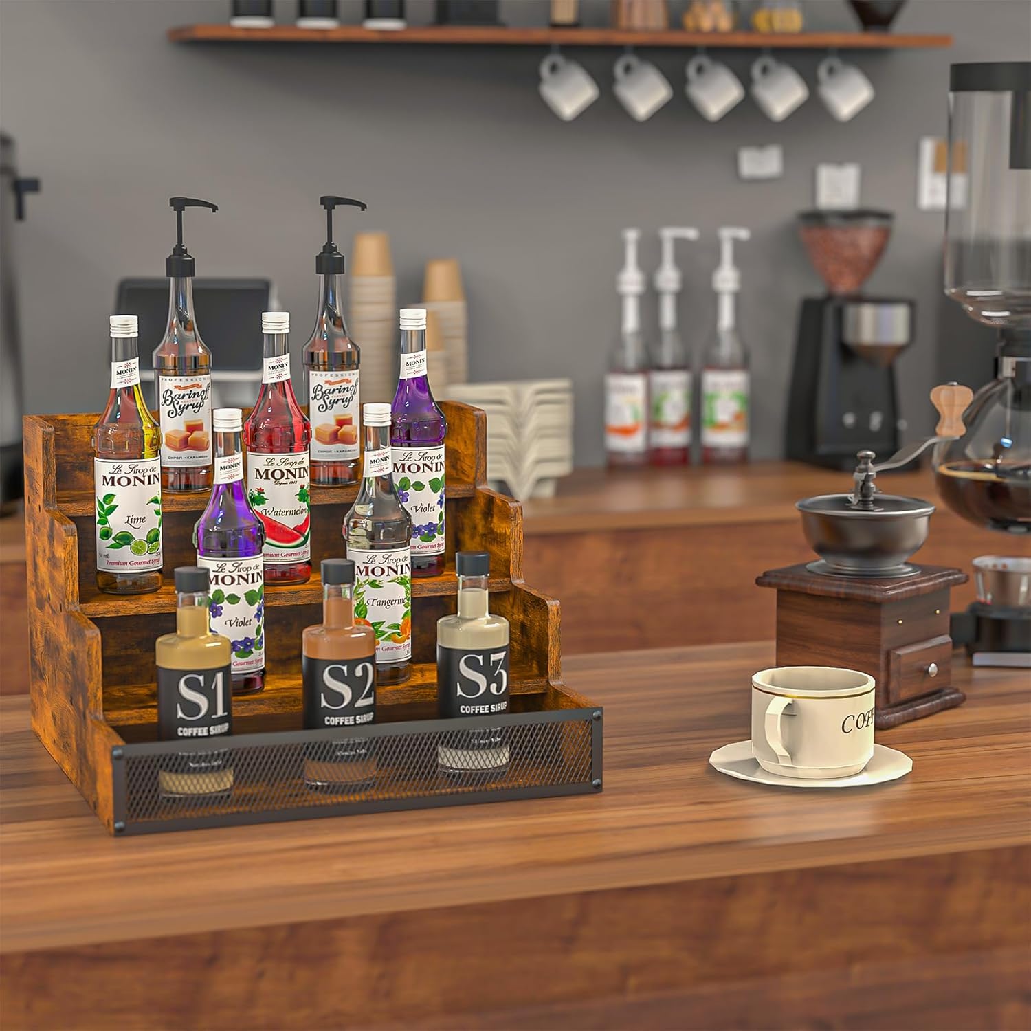 4 Tier Countertop Liquor Display Shelf with Fences